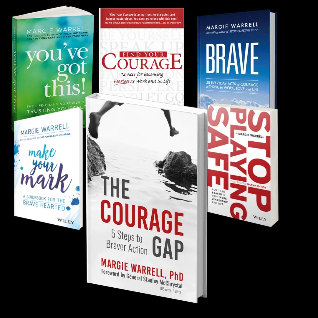 The six books by Dr. Margie Warrell arranged together, with The Courage Gap front and centre