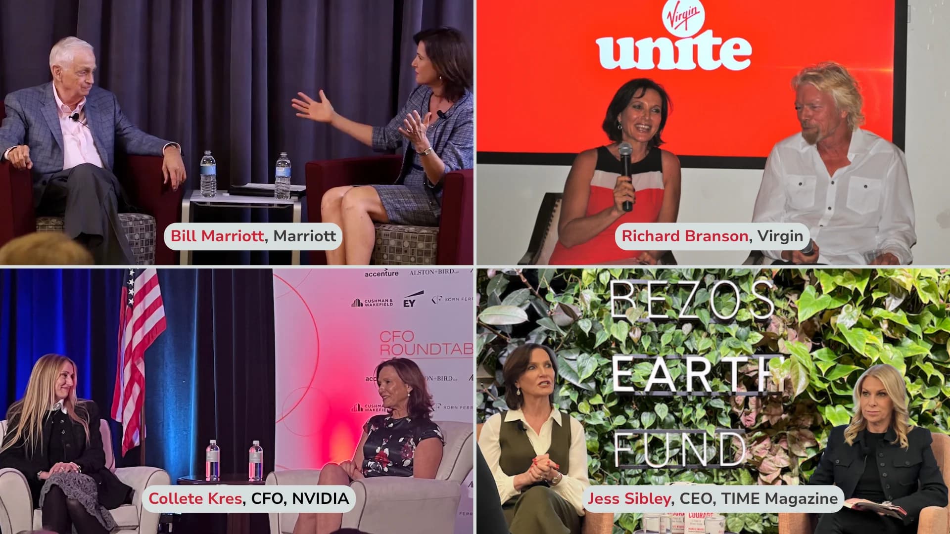 Collage of Dr. Margie Warrell in on-stage fireside conversations with Bill Marriott of Marriott, Richard Branson of Virgin, Collette Kress, CFO of NVIDIA, and Jess Sibley, CEO of TIME Magazine